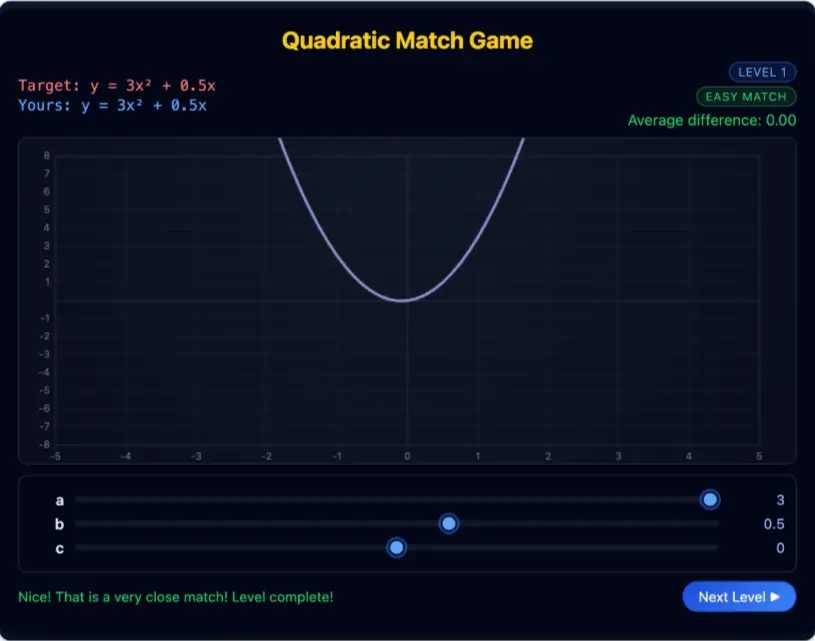 quadratic match game