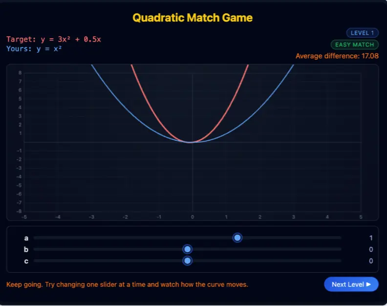 quadratic match game
